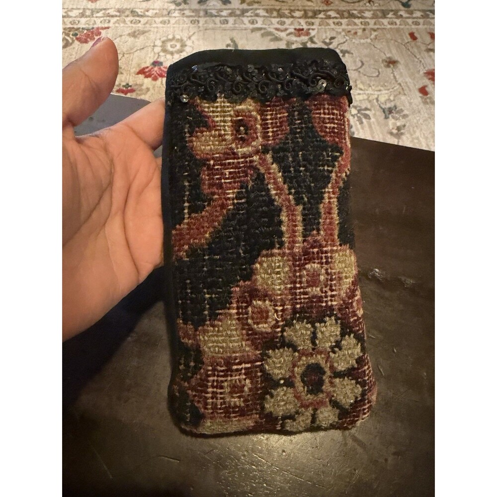 Vintage Handmade Fabric Pouch Eyeglass Case Sequins Wool Blend
